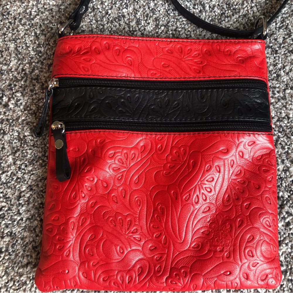 Red Embossed Crossbody Bag with Black Trim - Picture 2 of 7